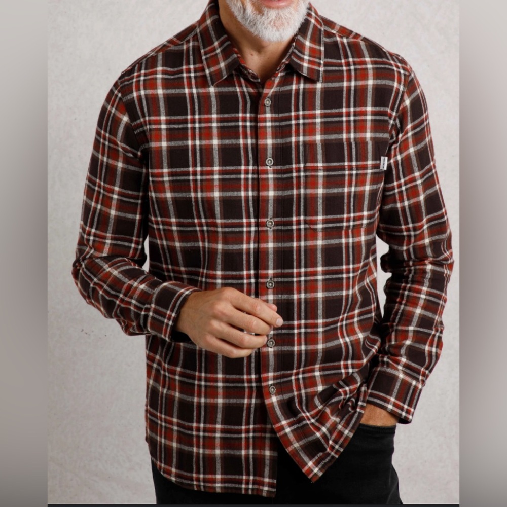 Weird Fish Brown Broxton Organic Cotton Herringbone Check Flannel Shirt Size XL